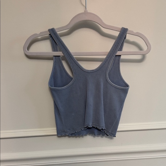 Blue Ribbed Crop Top with Ruffle Trim - Picture 5 of 5